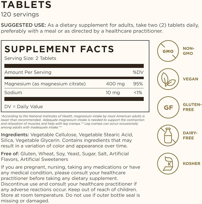 Solgar Magnesium Citrate, 120 Tablets - Promotes Healthy Bones - Supports Nerve & Muscle Function - Non GMO, Vegan, Gluten Free, Dairy Free, Kosher - 60 Servings, Standard Packaging