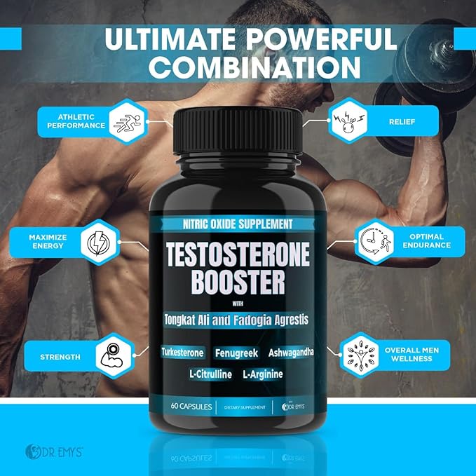 Dr. Emy's (1 Pack Testosterone Booster-Tongkat Ali Fadogia Agrestis Nitric Oxide Ashwagandha Supplement for Men with L Arginine Citrulline Fenugreek - Turkesterone Pre Workout Pump (60 Capsules)
