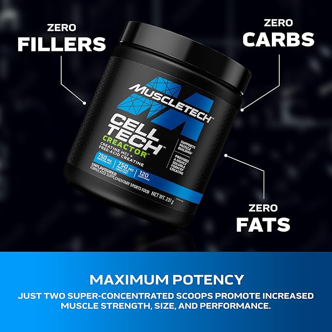 MuscleTech Cell-Tech Creactor Creatine HCl Powder,Post Workout Muscle Builder for Men & Women ,Creatine Hydrochloride + Free-Acid,Unflavored (120 Servings),8.47 oz