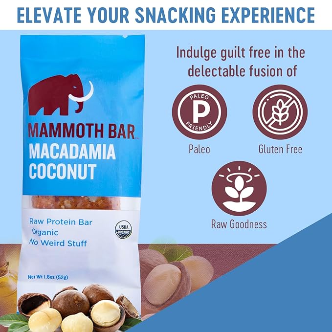 Mammoth Bar Macadamia Coconut Bar - 10 Organic Protein Bars – Prebiotic • Paleo • Gluten Free • Egg Protein • GMO Free • Raw • Premium Nuts