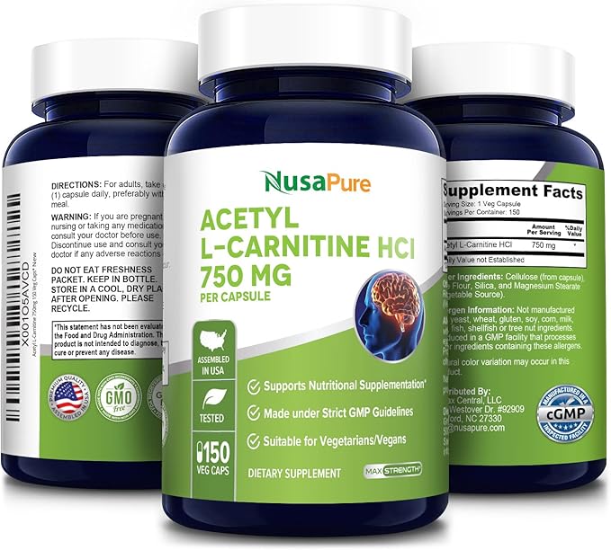 NusaPure Acetyl L-Carnitine 750mg per Caps 150 Veggie Capsules (Non-GMO, Gluten Free) High Potency Acetyl L Carnitine HCL (ALCAR)