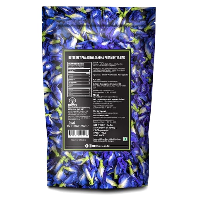 BLUE TEA - Butterfly Pea Flower Tea - Ashwagandha - 10 Count - Pyramid Plant Based Tea Bag | ANTIOXIDANT RICH | Caffeine Free - Flower Based - Non-GMO - No Additives | Zipper Packaging