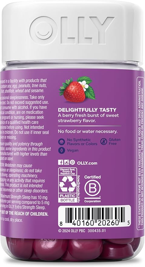 OLLY Max Strength Sleep Gummy, 10mg Melatonin, L-Theanine, Chamomile, Lemon Balm, Sugar Free, Vegetarian Sleep Aid, Strawberry - 70 Count