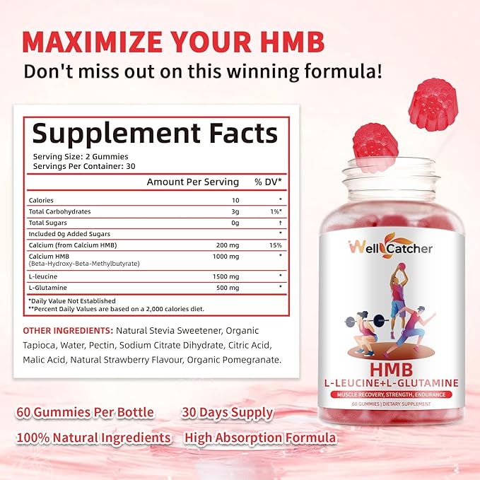 HMB and Leucine Gummies Supplements: HMB and Leucine Amino Acid for Men Women with L-Glutamine for Muscle Growth Fast Workout Recovery, Sugar Free Vegan Non-GMO Strawberry Flavored 30 Day Supply