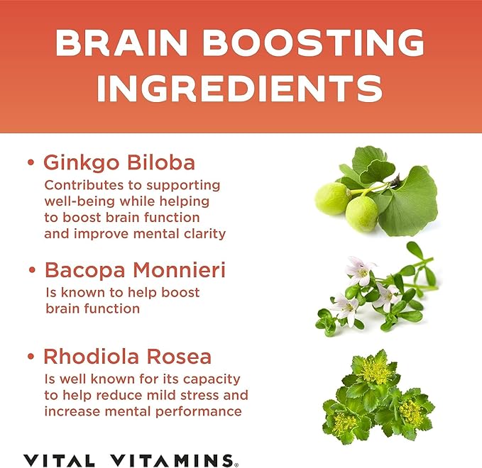Vital Vitamins Brain Supplements for Memory and Focus – Nootropic Brain Booster with Ginkgo Biloba, Rhodiola, B12 – Caffeine-Free Support for Adults & Seniors – 30-Day Supply, 30 Capsules