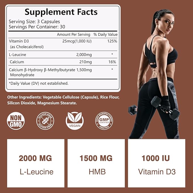 HMB and Leucine Supplement, 3500mg L-Leucine HMB with Vitamin D3, Amino Acid BCAA for Men, Vegan, Gluten Free, 90 Capsules