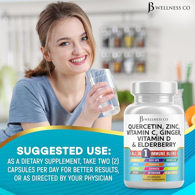 Quercetin Zinc Vitamin C Vitamin D Bromelain Elderberry - Nettle Supplement with Artemisinin, Sea Moss, Echinacea - 60 Count