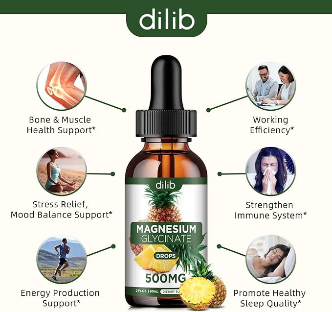 (2 Pack) Magnesium Glycinate Supplement, Liquid Magnesium Glycinate Liquid Drops 500mg-Support Stress Relief, Relaxation, Mood, Sleep, Bone & Muscle-4 Fl Oz, Vegan, Pineapple Flavor