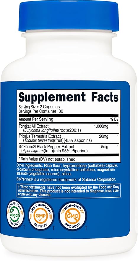 Nutricost Tongkat Ali 1,000mg 60 Capsules - with Tribulus Terrestris and BioPerine, Vegetarian Caps, Non-GMO, Gluten Free, Potent Extract