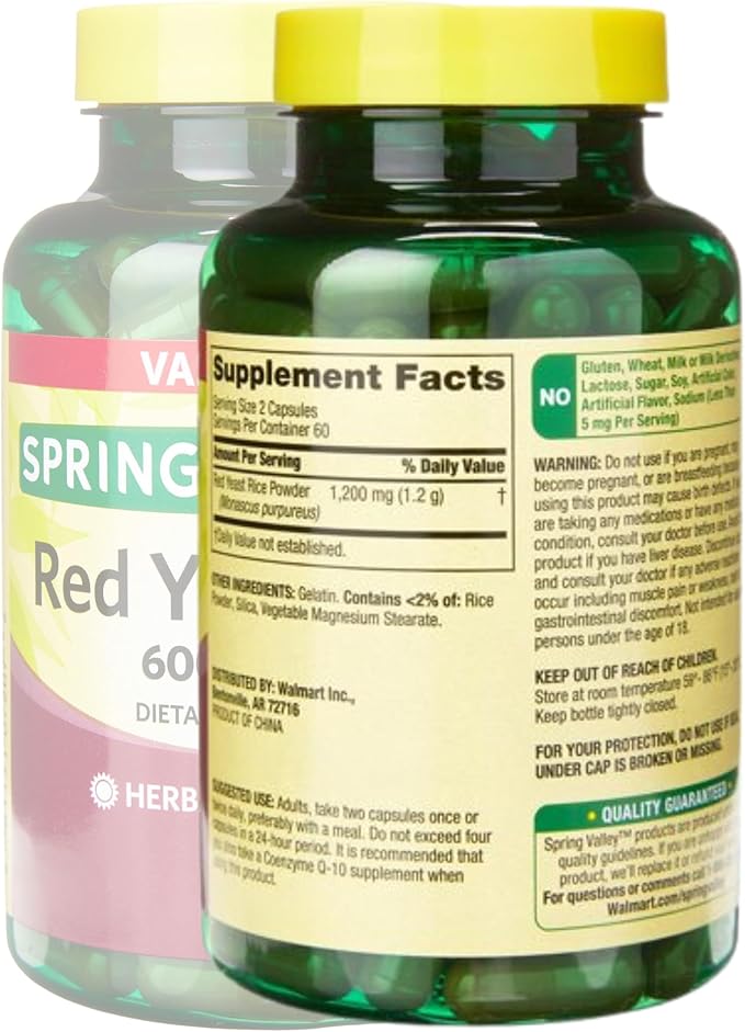 Spring Valley Red Rice Yeast 600mg, Red Yeast Rice Powder (Monascus purpureus), Dietary Supplement, Cholesterol, Gluten Free, Capsules for Adults 120 Count (Pack of 1)