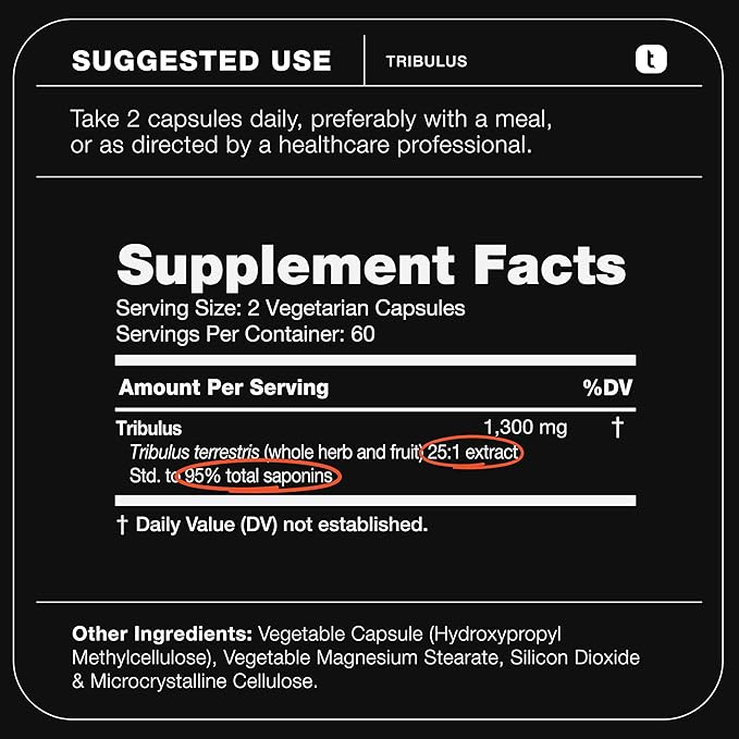 Tribulus Terrestris for Men - Ultra High Potency 25:1 Extract with 95% Saponins - 1300mg Pure & Concentrated Formula - Third-Party Lab Tested for Purity & Quality - 120 Capsules
