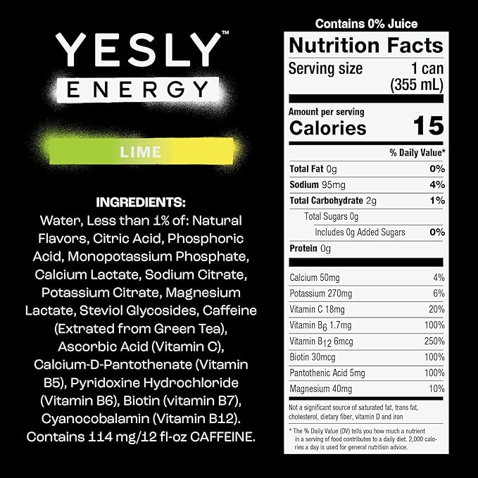 Yesly Energy Drink, Lime, Naturally Flavored Sparkling Energy Water With Electrolytes, Magnesium, Potassium, Vitamin C, B6 & B12, Natural Caffeine From Green Tea, Zero Sugar, 12 Fl Oz Cans, 12 Pack