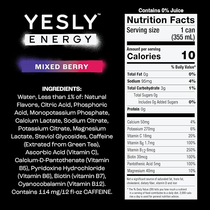 Yesly Energy Drink, Mixed Berry, Naturally Flavored Sparkling Energy Water With Electrolytes, Magnesium, Potassium, Vitamin C, B6 & B12, Natural Caffeine From Green Tea, 12 Fl Oz Cans, 12 Pack