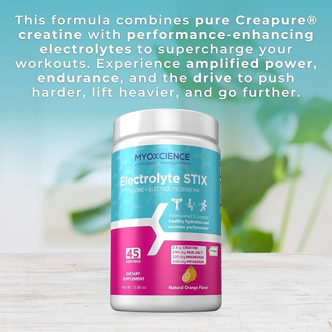 MYOXCIENCE Electrolyte STIX | Creatine Electrolyte Powder | Recovery from Exercise & Muscle Development w/Real Salt (Natural Orange Flavor) (Jar 45 ct)