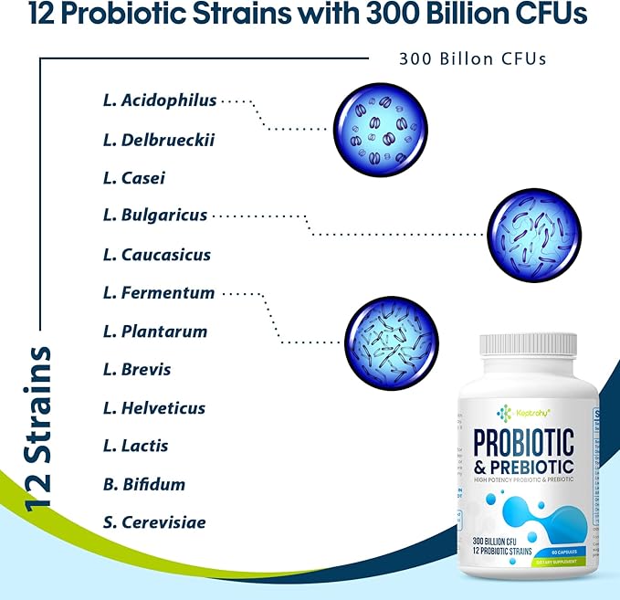 Probiotics for Women & Men, 300 Billion CFU Probiotics from 12 Strains + Organic Prebiotics Blend for Daily Digestive, Immune, Gut, Bloating, Gut Health for Women & Men, Shelf Stable - 60 Capsules