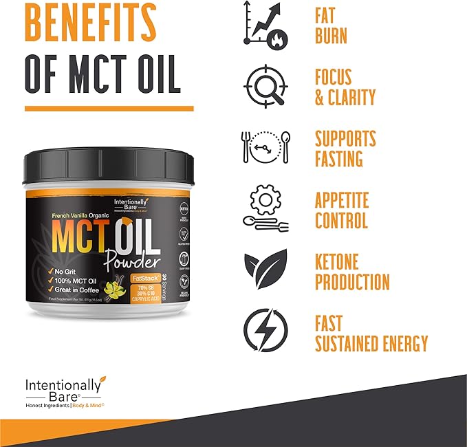 Intentionally Bare MCT Oil Powder French Vanilla MCT Coffee Creamer - C8 MCT Oil Powder for Energy & Metabolism - No Grit Keto Energy Blend Excellent in Baking, Shakes & Creamer for Coffee - 40 Ser