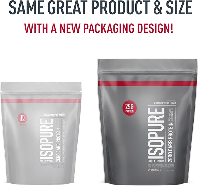 Isopure Zero Carb 100% Pure Whey Isolate Protein Powder, Lactose Free, Gluten Free, With Vitamins, Strawberries & Cream, 25g Protein Per Serving, 1 Lb, 15 Servings
