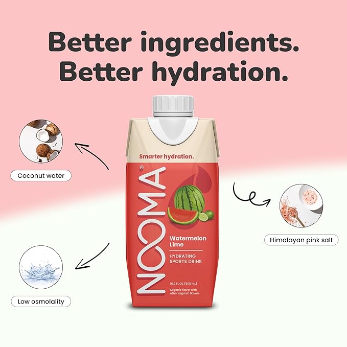 NOOMA - Hydrating Sports Drink - Electrolyte Drink with Organic Coconut Water - Organic & No Added Sugars - Rapid Hydration - 30 Calories & 505mg Electrolytes - Watermelon Lime - 12 Pack (16.9oz each)