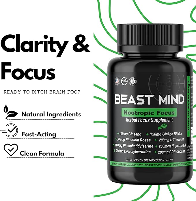 Focus Clarity Nootropic Blend | Ginkgo Biloba | Huperzine A | Rhodiola | Citicoline | L-Theanine | Enhanced Focus & Clarity & Cognitive Function Labs