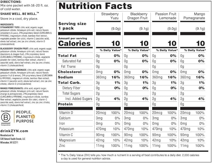 ZYN Electrolyte Drink Mix Hydration Packets, Electrolytes Powder, Hydration Packets w/Turmeric Curcumin, Vitamin C, Vitamin D, Zinc, Hydrate Electrolyte Powder Packets for Wellness, Variety Pack of 8