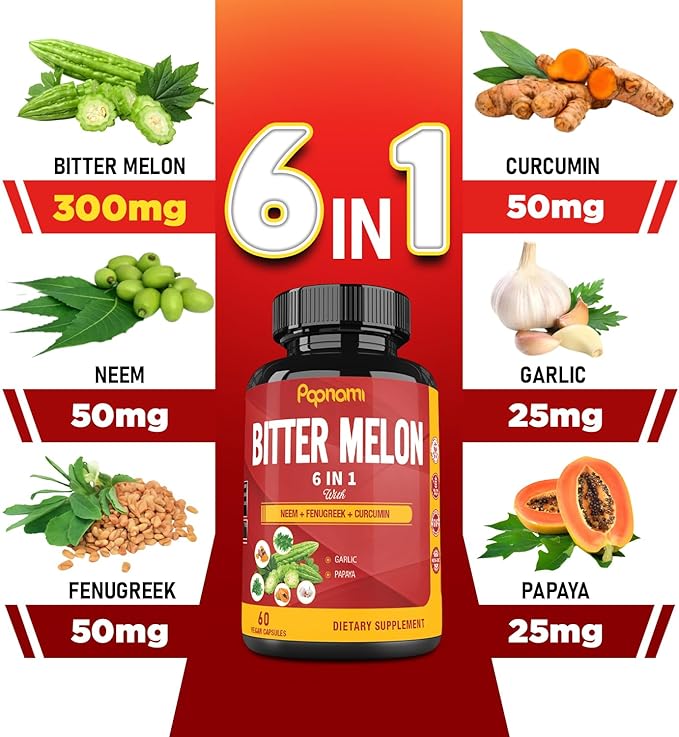 Organic Bitter Melon Extract Capsules - 60 Pills 2 Month - Combined Neem, Fenugreek, Curcumin, Garlic & Papaya