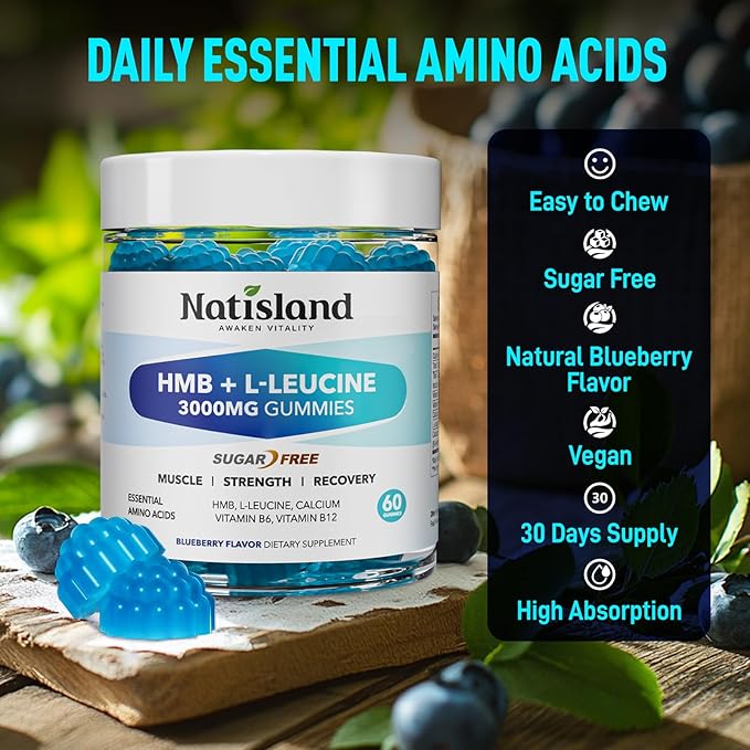 HMB and L-Leucine Gummies, HMB and Leucine Amino Acid Supplements for Men & Women, Muscle Mass & Strength, Muscle Recovery & Health, Sugar-Free, Vegan, Blueberry Flavor, 60 Count