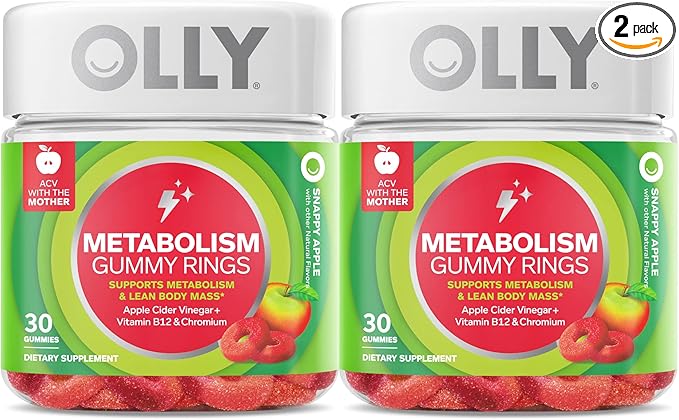 OLLY Metabolism Gummy Rings, Apple Cider Vinegar, Vitamin B12, Chromium, Energy and Digestive Health, Chewable Supplement, Apple Flavor, Twin Pack - 60 Count