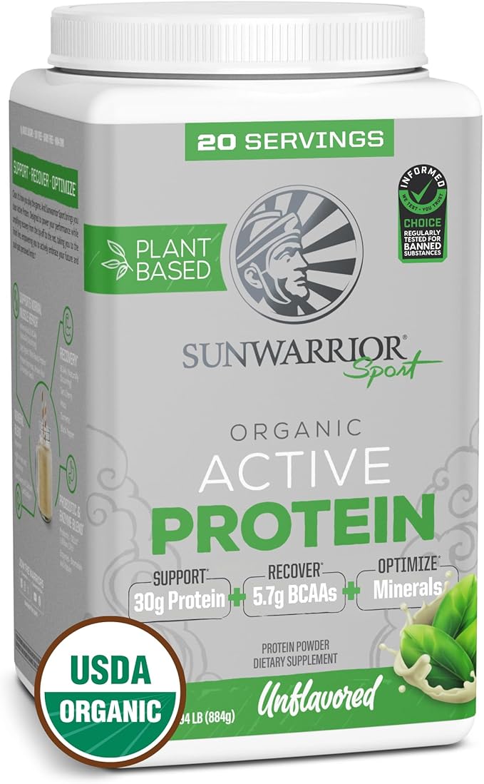 Vegan Protein Powder Plant-Based USDA Organic BCAAs | 30g per Serving | Sugar, Gluten, Dairy Free Non-GMO | Unflavored, 20 Servings | Active Sport