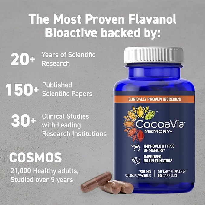 CocoaVia Memory+ Brain Supplement, 90 Day, 750 mg Cocoa Flavanols, Memory & Brain Booster, Vegan, Plant Based, Gluten Free, 270 Capsules