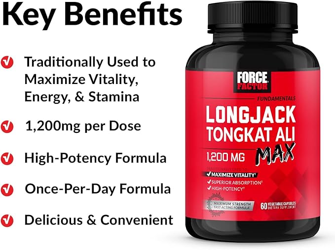 Force Factor Longjack Tongkat Ali Max, Tongkat Ali for Men, Male Stamina and Vitality Supplement Made with Key Natural Ingredients for Superior Absorption, 1200mg, 120 Capsules, 2-Pack