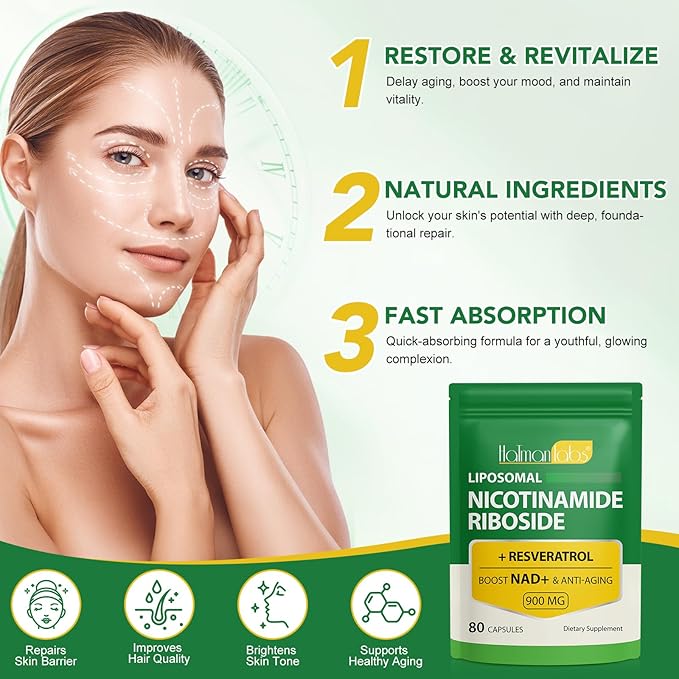 NAD Supplement - Liposomal Nicotinamide Riboside 900mg, Resveratrol, Quercetin - High Purity NAD Supplement for Energy, Support Cellular Health, Stamina & Healthy Aging - Ultra Strength 80 Capsules