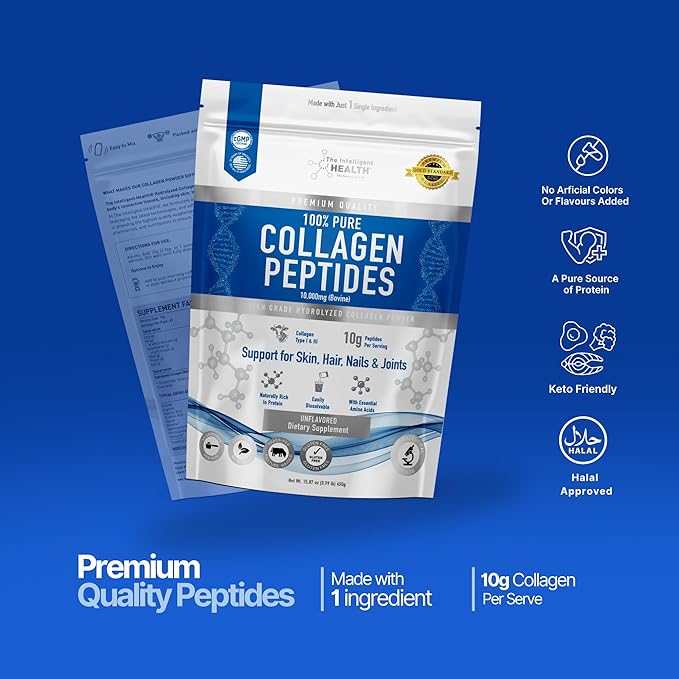 Hydrolyzed Collagen Peptides Powder, Grass Fed, High Protein, Unflavored, Gluten-Free, Paleo & Keto Friendly, 10g per Serving (450g) Supports Skin, Hair, Nails, Joints, & Bones