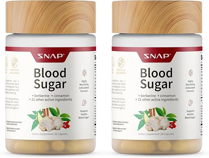 Snap Supplements Blood Sugar Blend with Berberine, CoQ10, Cinnamon, Alpha Lipoic Acid and Gymnema to Support Healthy Blood Sugar, Metabolic Health and Energy, Sugar Free, 60 Capsules, 2 Pack