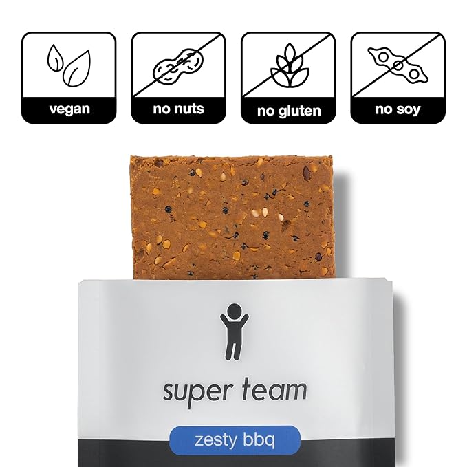 Super Team Savory + Crispy Protein Bars - Zesty BBQ - 12-Count Snack Bars - High Protein (18g), High Fiber (7g), Low Sugar (1g) - Gluten Free, Nut Free, Soy Free, Vegan Plant Based Meal Replacement