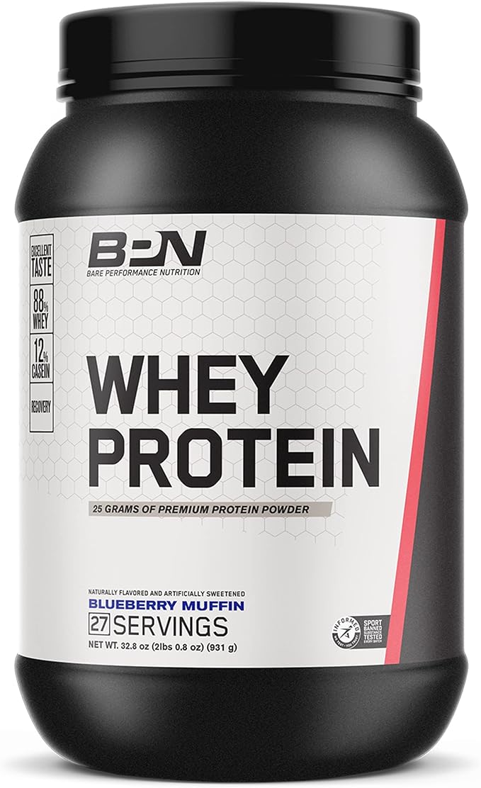 BARE PERFORMANCE NUTRITION, BPN Whey Protein + Casein Protein Powder Blend, Blueberry Muffin, 25g Protein per Serving Supports Lean Muscle Recovery, 27 Servings, Third Party Tested