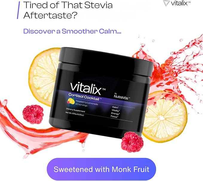 Vitalix Cortisol Cocktail–Premium Adaptogen Drink Mix - Cortisol Detox & Adrenal Support - Ashwagandha KSM 66 400mg, Magnesium Glycinate 200mg, L-Theanine 200mg - Raspberry Lemonade – 30 Servings