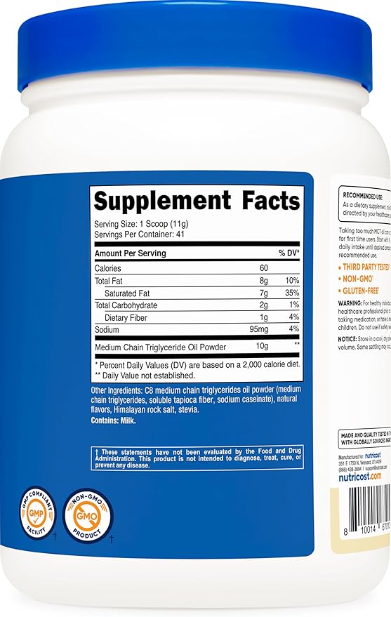 Nutricost C8 MCT Oil Powder 1LB (16oz) Vanilla Flavor - 95% C8 MCT Oil Powder, Best for Keto Diets, Non-GMO, Gluten Free