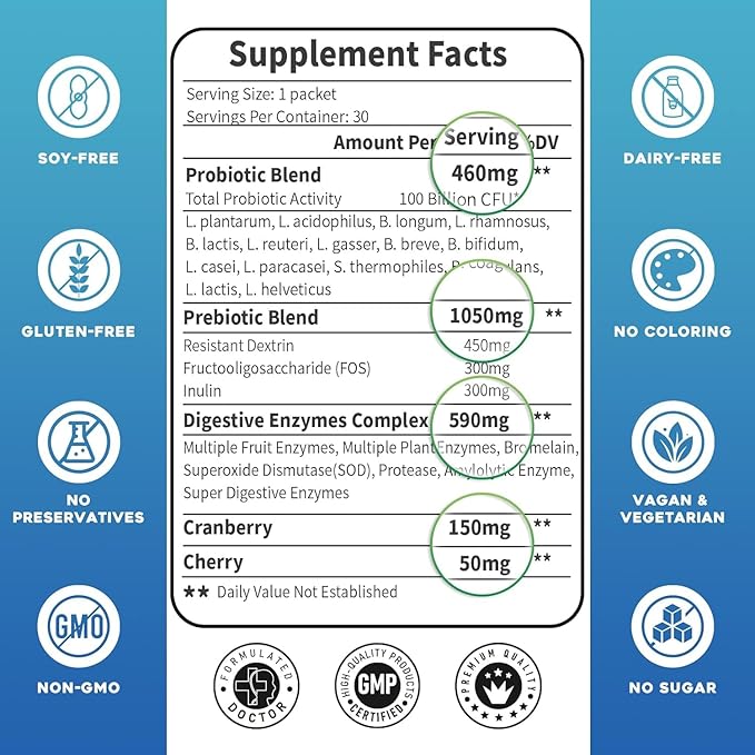 Probiotics for Women & Men - 100 Billion Plus Digestive Enzymes & Prebiotics, Highest Potency 3-in-1 Complete Probiotics for Digestive Health, Immune Support