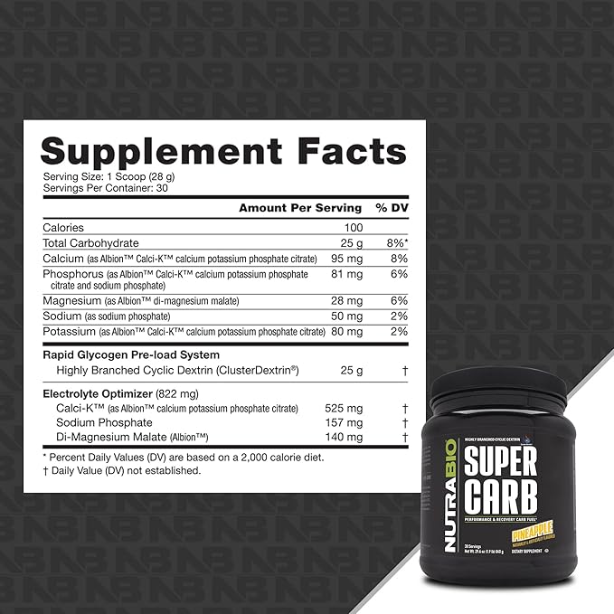 NutraBio Super Carb - Complex Carbohydrate Supplement Powder - Cluster Dextrin and Electrolytes for Performance Enhancement & Muscle Recovery - Pineapple, 30 Servings