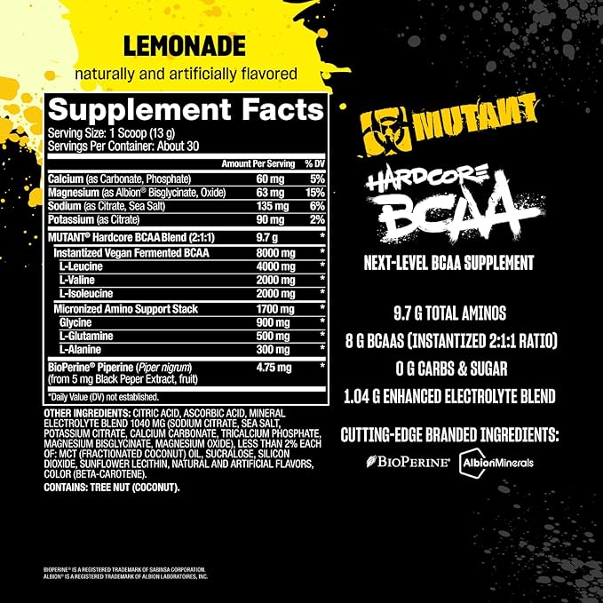 Mutant Hardcore BCAA - Pre, Intra or Post Workout – BCAA Next Level branched-Chain Amino Acids Supplement – Hydration + Recovery - 30 Serving - Lemonade