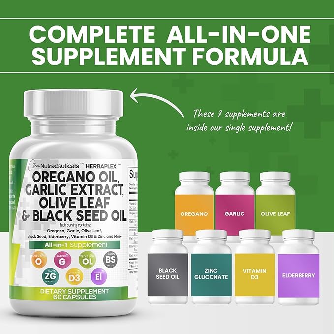 Clean Nutra Oregano Oil with Black Seed Oil Garlic Olive Leaf Extract - Oil of Oregano Capsules Immune Support Carvacrol & Thymoquinone Supplement for Women and Men + Elderberry Vitamin D3 & Zinc