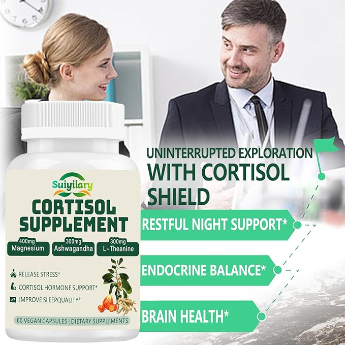 Cortisol Supplement for Women Men, Hormone Balance, Magnesium, Ashwagandha, Rhodiola, L-Theanine, Vitamin B6 & B12, Mood, Focus, Sleep Support, Vegan 60 Capsules