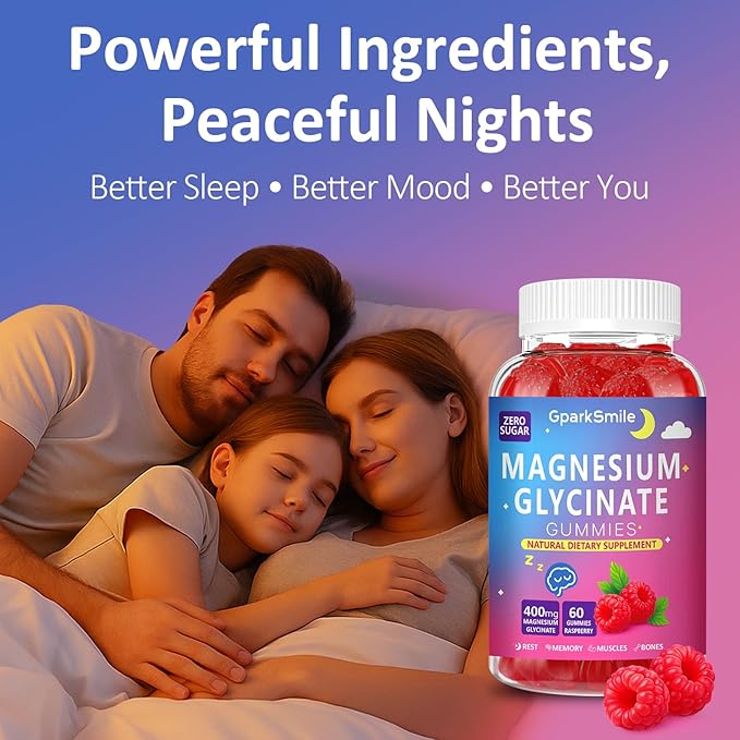 Magnesium Glycinate Gummies 400mg - Sugar Free Vegan Gummies for Adults & Kids with Vitamin D3, B6, C, CoQ10, Collagen, Zinc - Sleep, Muscle, Bone & Memory Support - 60 Raspberry Chewables