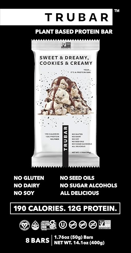 TRUBAR Vegan Protein Bar, Sweet & Dreamy Cookies and Creamy, Gluten Free, Plant Based Protein, Dairy Free, Non GMO, Soy Free, No Sugar Alcohols, 12G Protein, 12G Fiber, 23G Carb, On the Go Snack Bars, 8ct