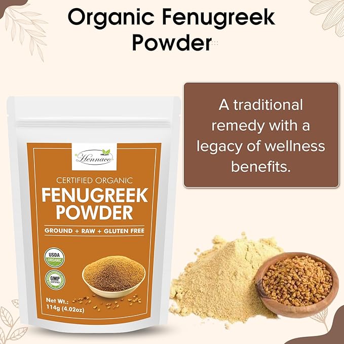 hennaco Organic Fenugreek Powder Powder | USDA Organic | GMP Certified | Pure & Natural Fenugreek Powder for Culinary, Skin and Hair | No Preservatives| Chemical Free | 114 Grams (4 OZ)