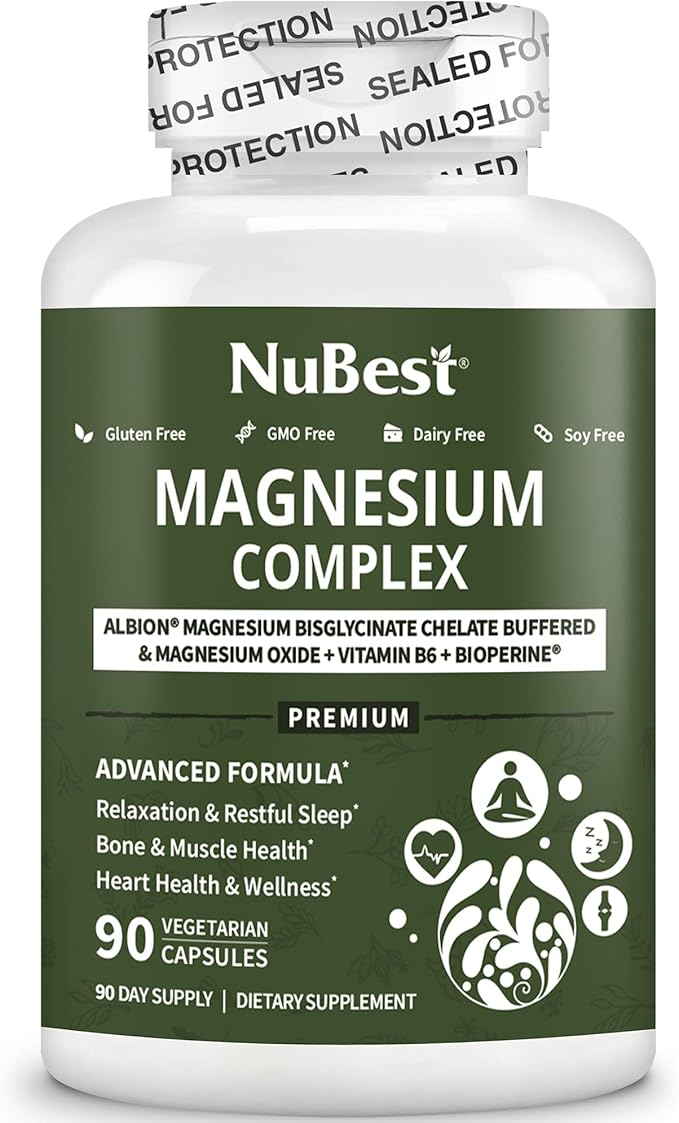 Magnesium Glycinate Chelate Complex with Albion Magnesium Bisglycinate Chelate, Magnesium Oxide, Vitamin B6 & BioPerine for Bone, Muscle, Natural Sleep, Nerve Function, Brain Booster - 90 Days Supply