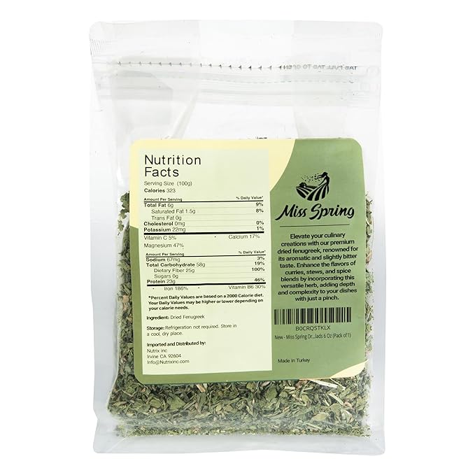 Miss Spring Dried Fenugreek Leaves | All Natural and Aromatic Kasoori Methi | Carefully Packaged in Resealable Bag | Dried Herbs Ideal for Cooking, Mediterranean, Salad and Curries - 6 Oz (170 g)
