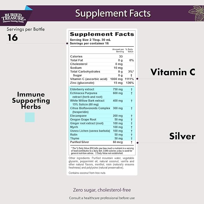 Buried Treasure ACF Immune Support - 16 oz, 16 Servings, Vitamin C, Elderberry, Zinc, Liquid Immune Booster with Vitamins and Minerals w/ Dose Cup