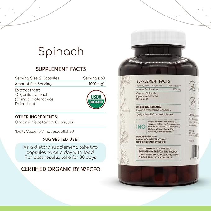 Spinach 120 Capsules, 500 mg, USDA Organic Spinach (Spinacia oleracea) Dried Leaf (120 Capsules)