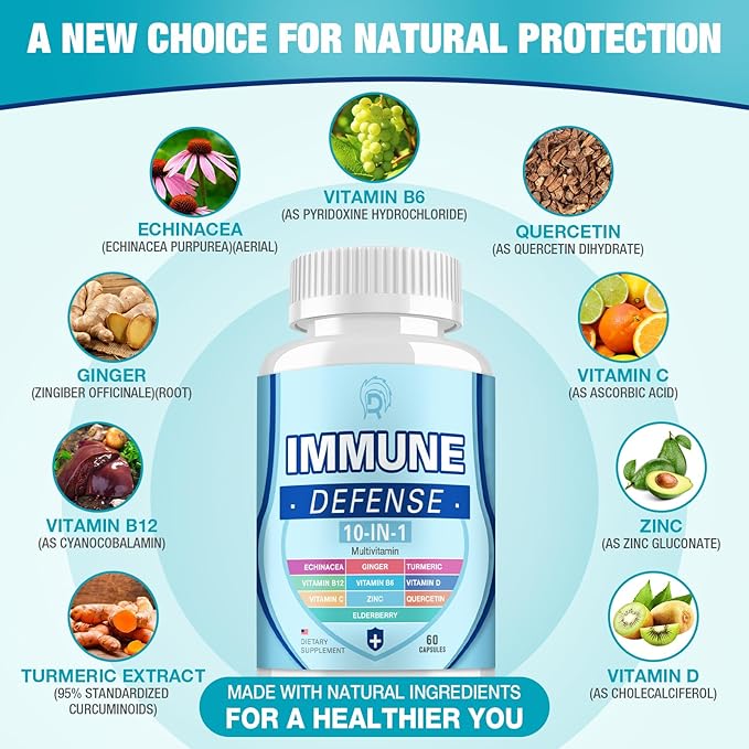 Immune Support Supplement, 10-in-1 Immune Defence with Vitamin C,B6,B12,VIT D, Zinc, Echinacea Turmeric Elderberry Immune Boosters for Adult - 120 Capsules(2 Pack)